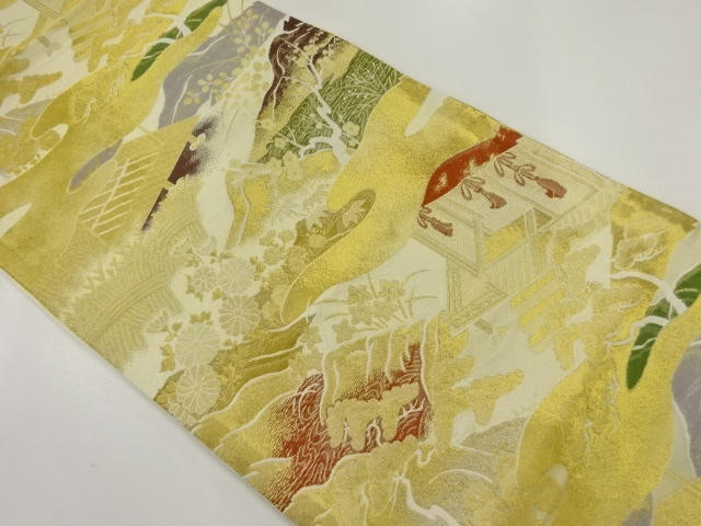 アンティーク　屋敷風景模様織出し袋帯（材料）